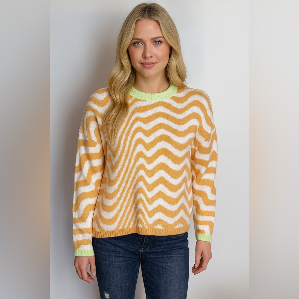 NWT - TWIK Wavy Sweater. Apricot & white w/lime. Oversized fit. Small P2P 23"